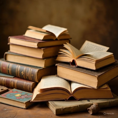 Antique looking books stacked on top of each other haphazardly.