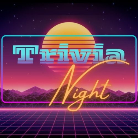 A retro styled neon mountainscape with a sun setting, with the words "Trivia Night" designed to look like a neon sign in the fore ground.