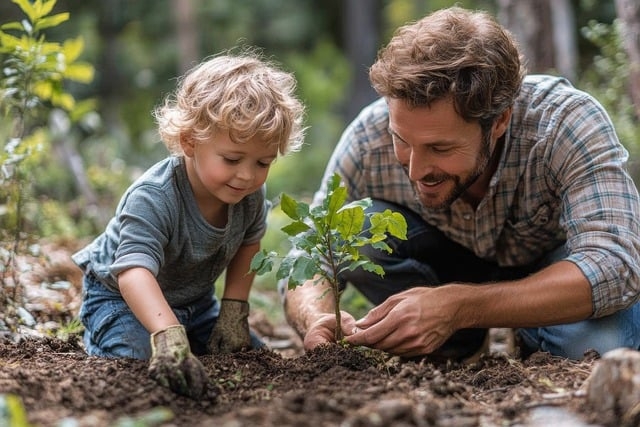 Father and son gardening