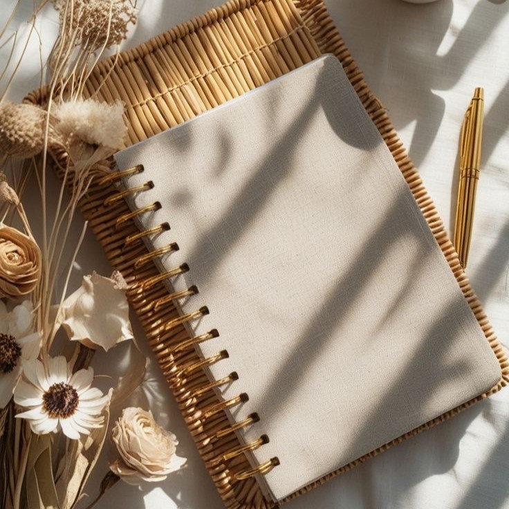 Notebook lying next to some flowers with a pen beside it.